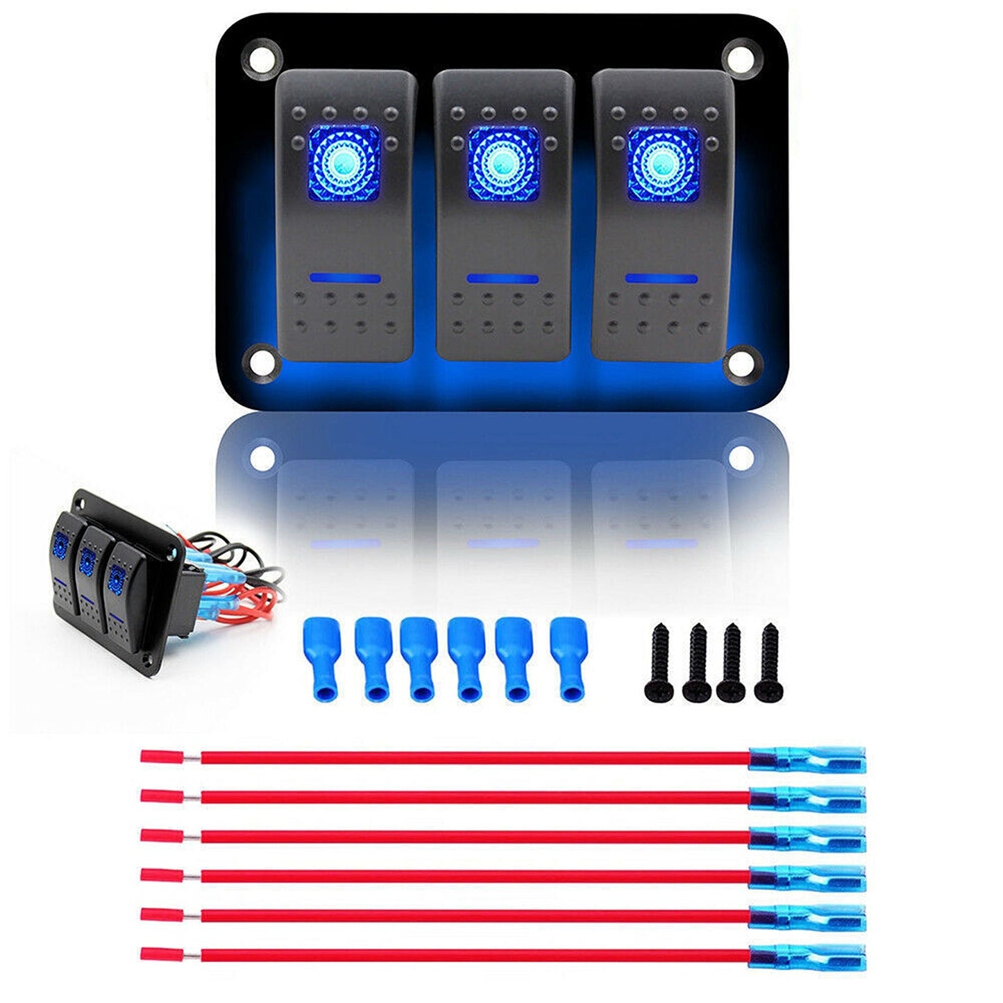 3 Gang Blue LED Rocker Switch Panel with Dual USB for Car Boat and RV