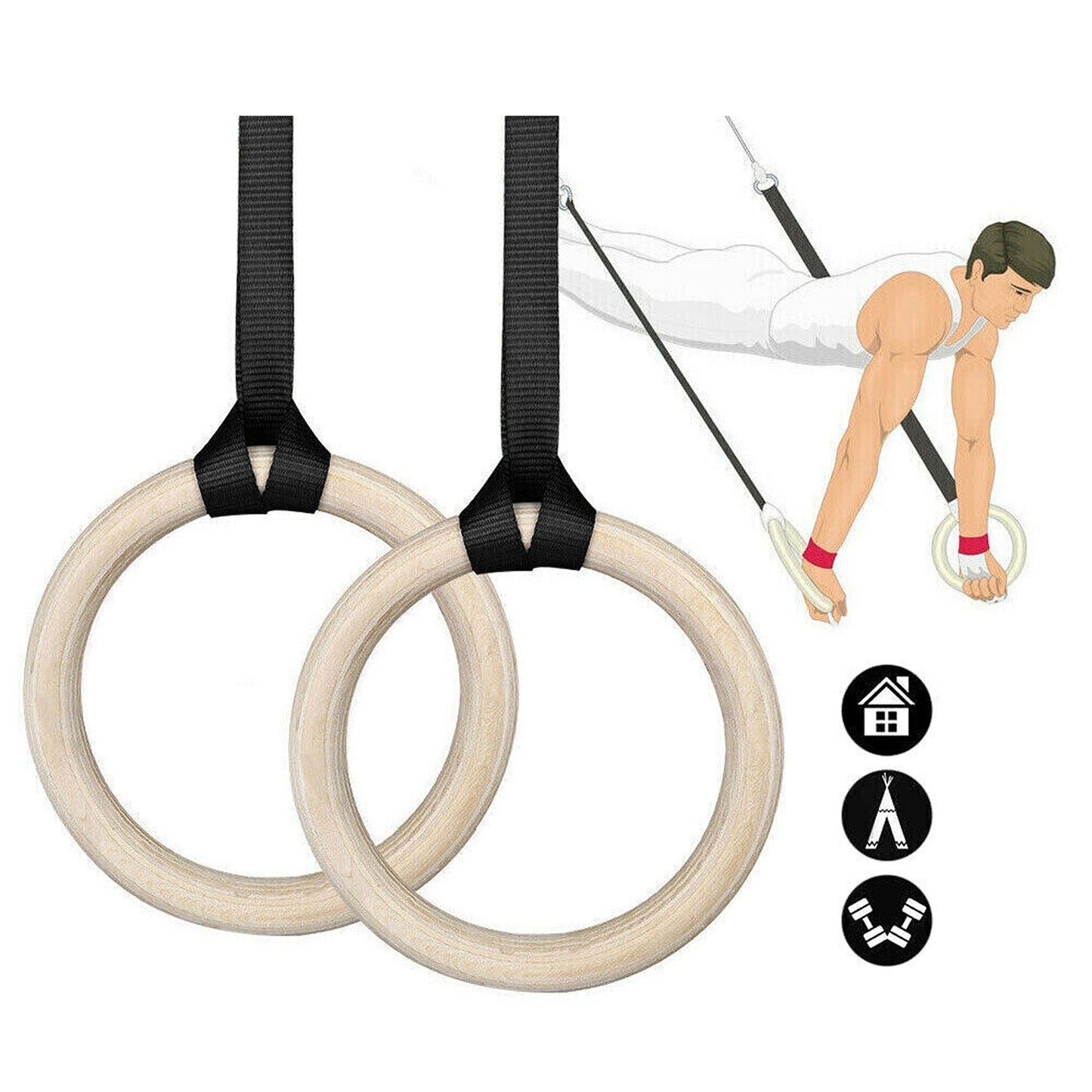 Wooden Gymnastic Rings with Adjustable Straps for Crossfit and Strength Training