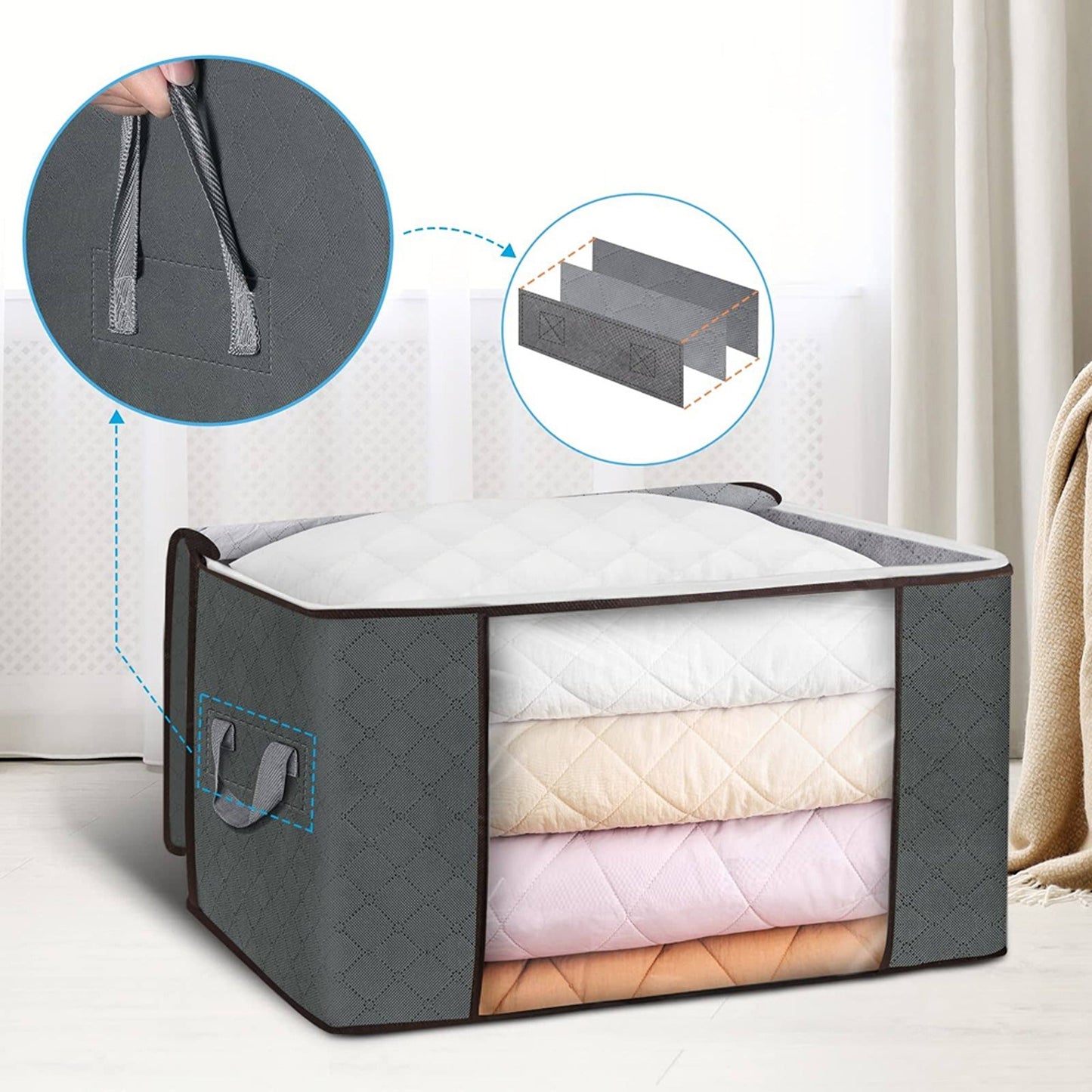 Large Storage Bag for Clothes and Quilts Grey Fabric Organizer with Zipper