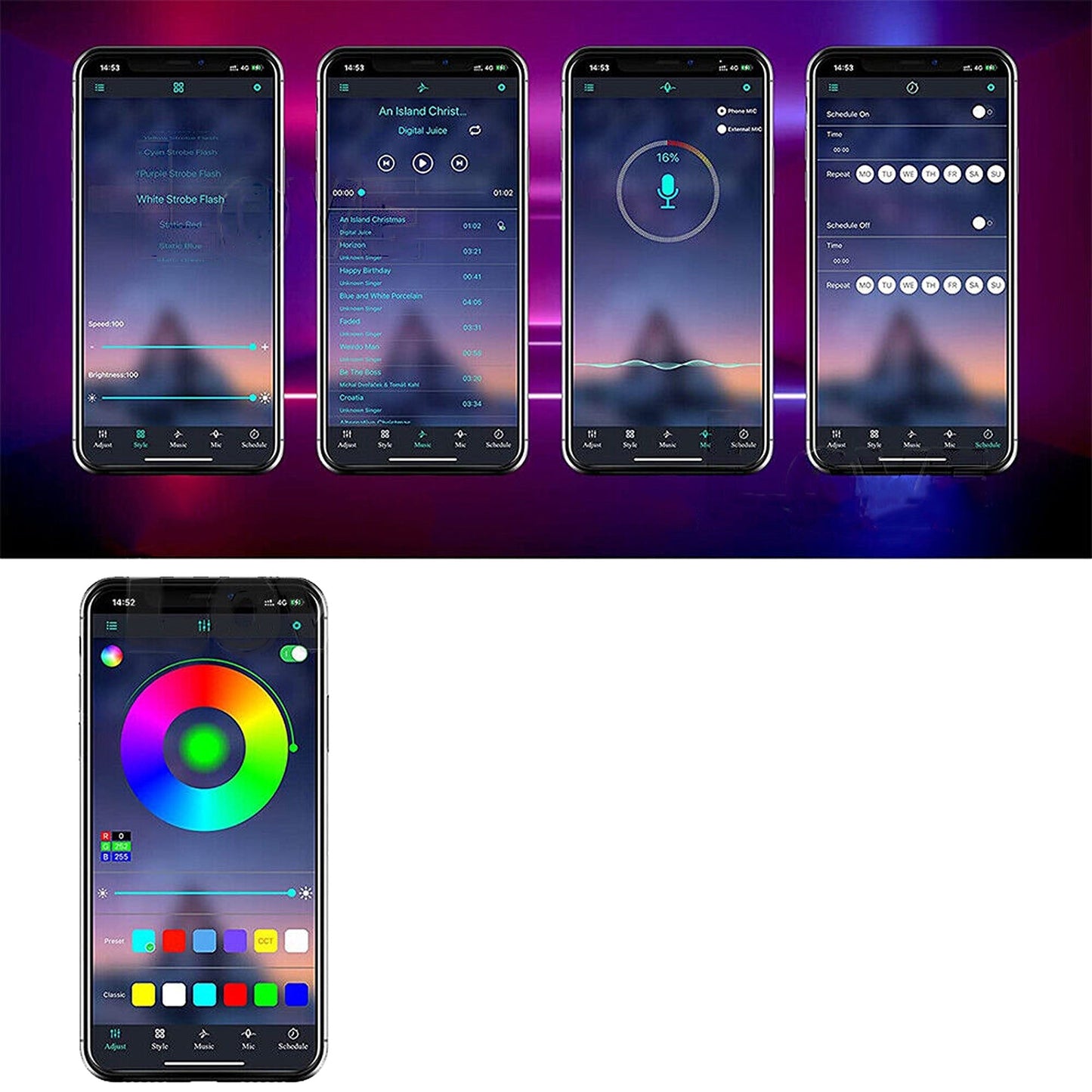 4pcs RGB Car Strip Lights LED Footwell Interior Remote USB Control