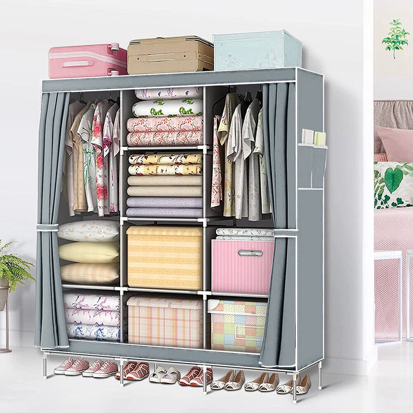 Large Portable Wardrobe with Shelves 66in Canvas Clothes Storage Organizer