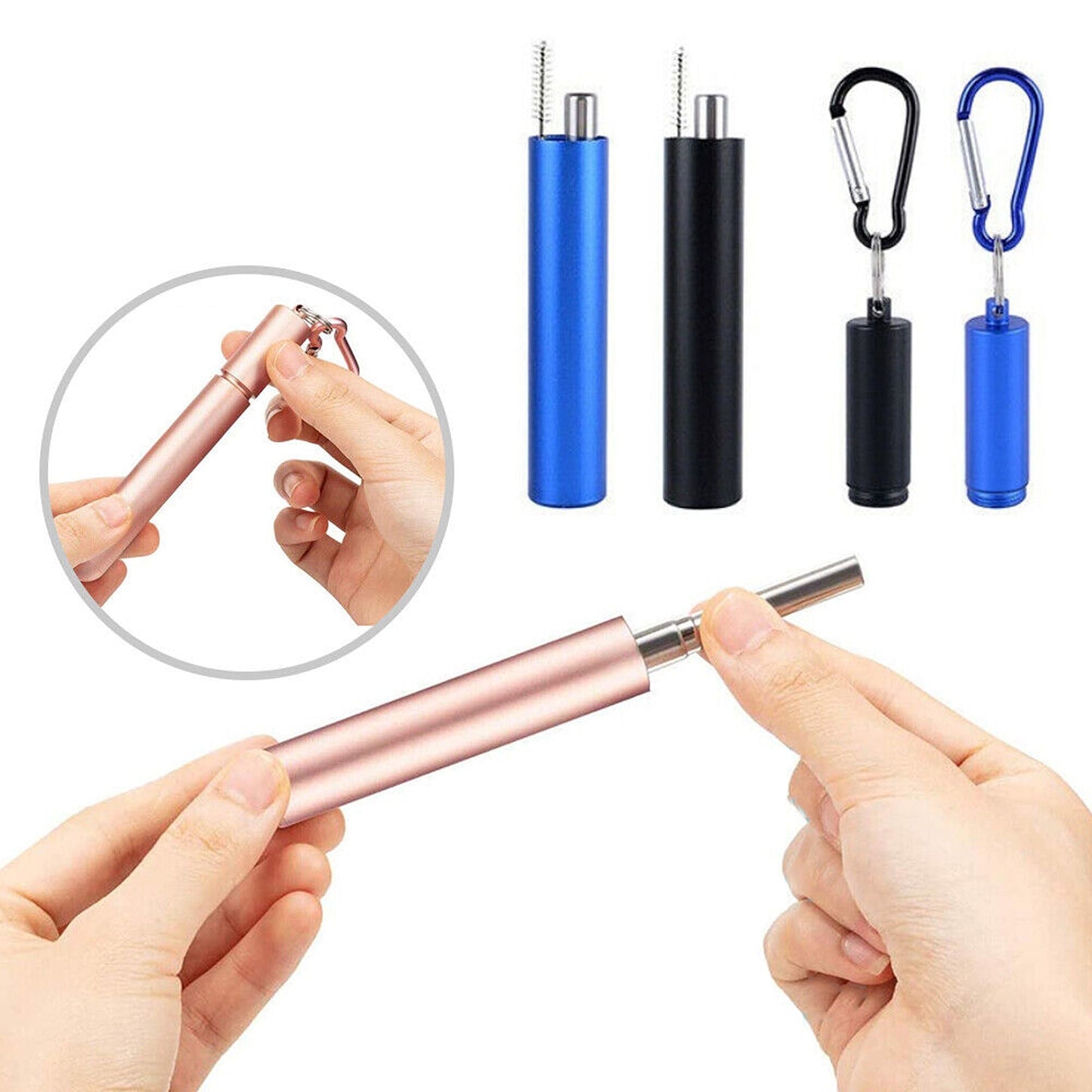 Stainless Steel Foldable Drinking Straw Metal Reusable with Cleaning Brush Keyring