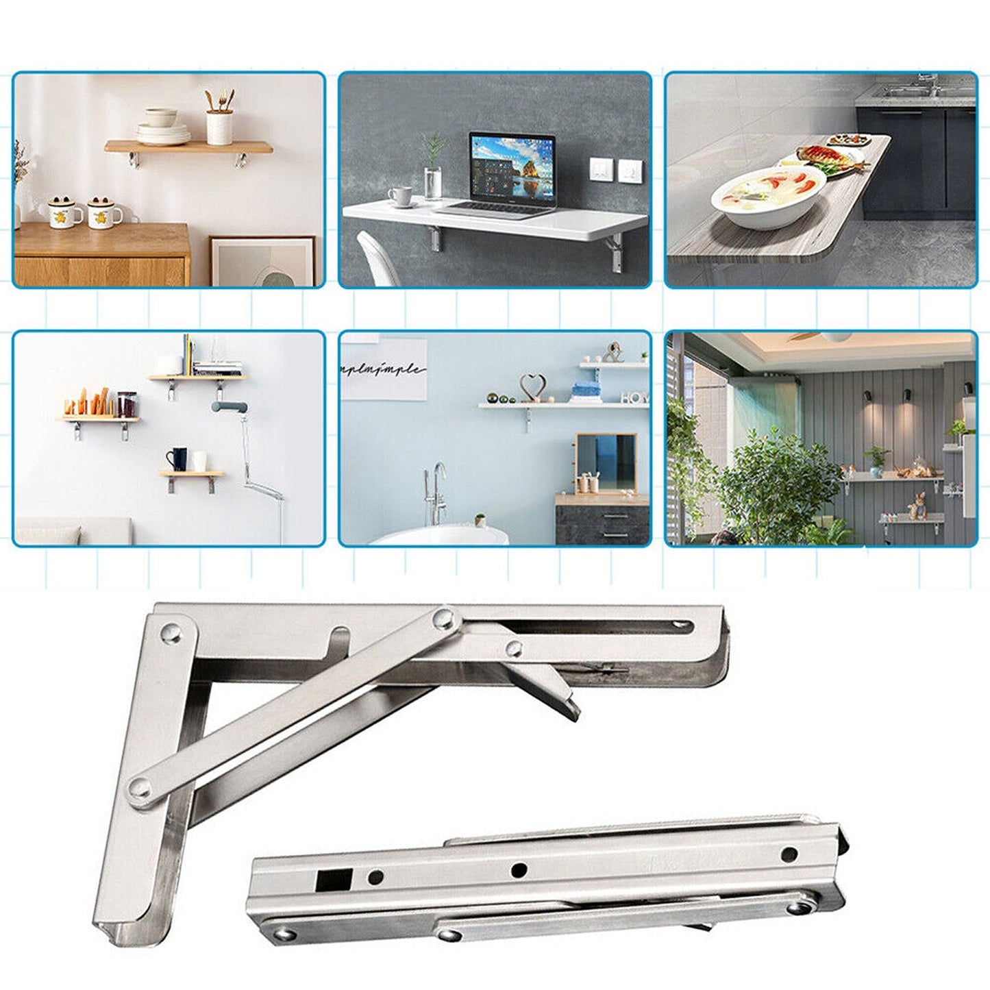 2pcs Stainless Steel Wall Shelf Bracket Folding Heavy Duty