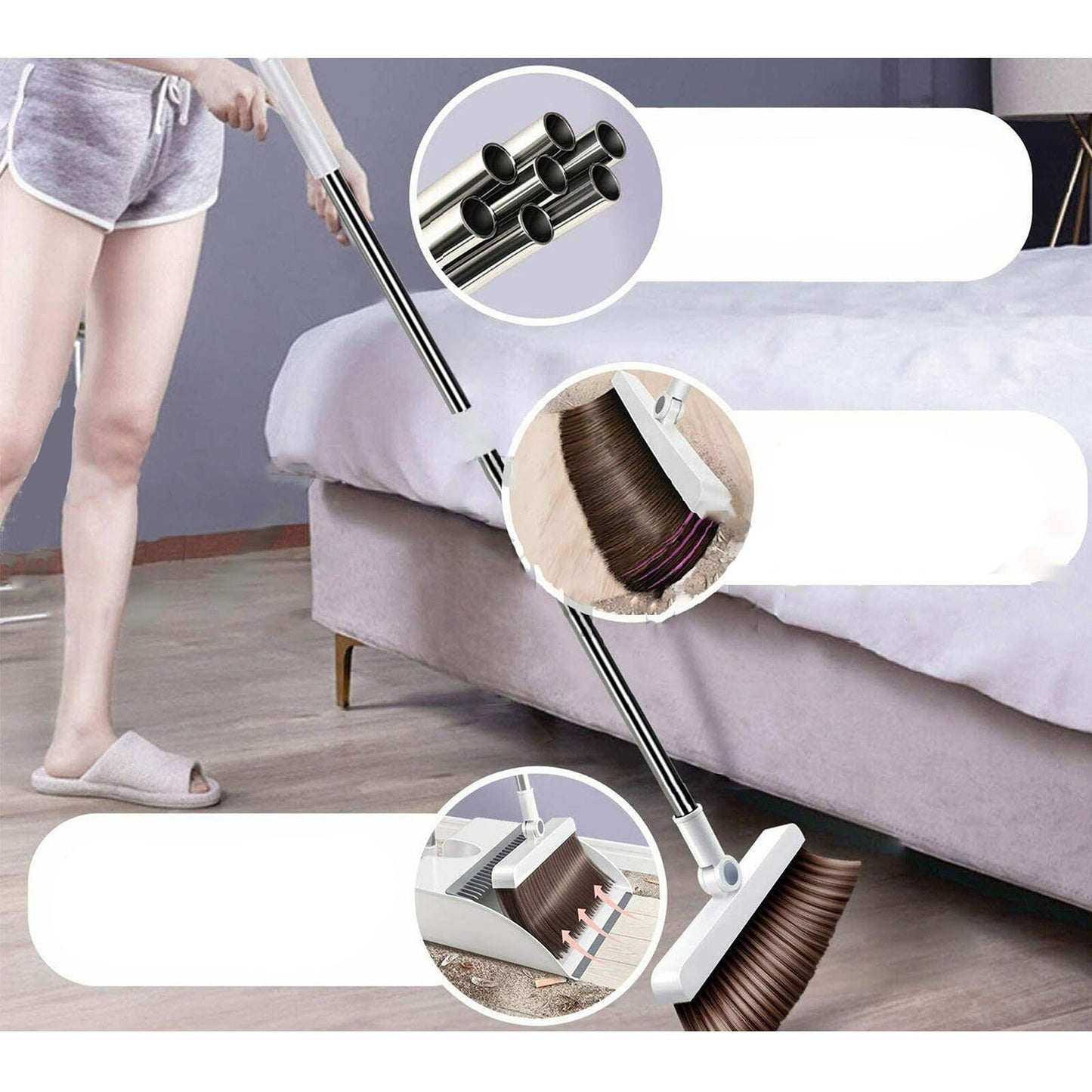 Stand Up Long Handle Dustpan and Broom Set with Storage Holder