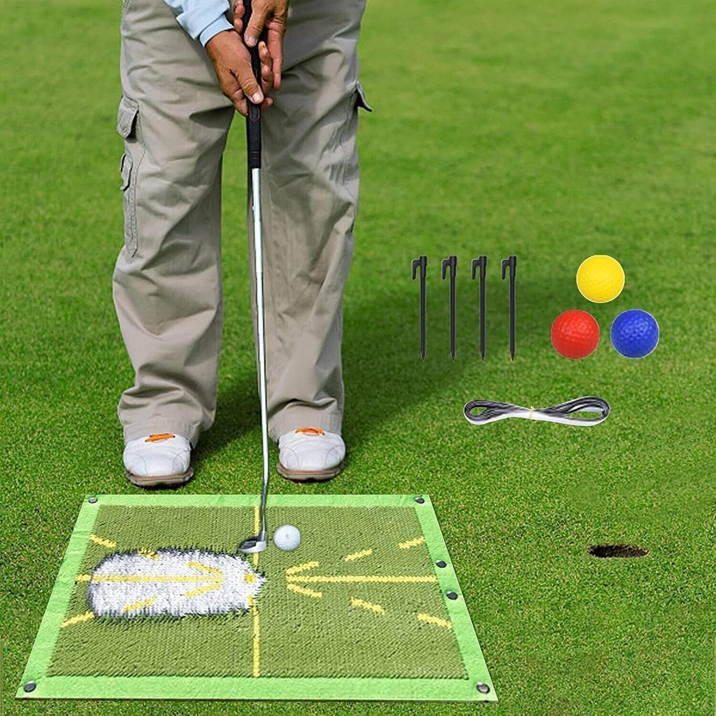 Golf Training Aid for Swing Detection with Mat Hook Spike Ball Set