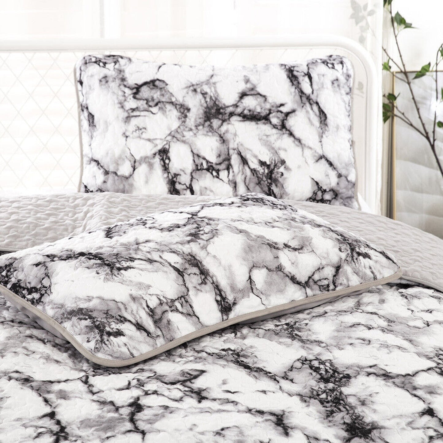 Marble Pattern Queen Size Quilted Bedspread Patchwork Comforter Set