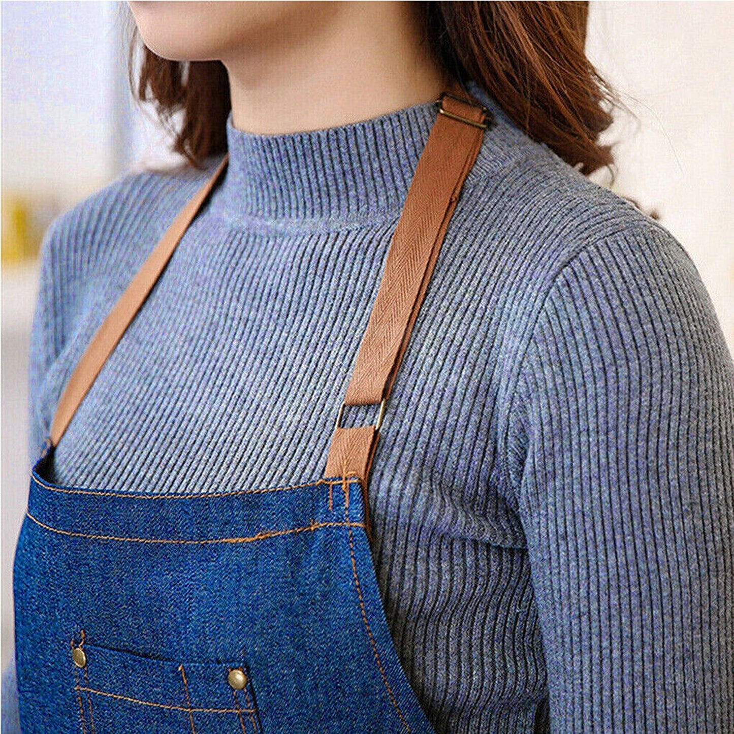Oil-Resistant Denim Cooking Apron with Adjustable Bib and Pocket