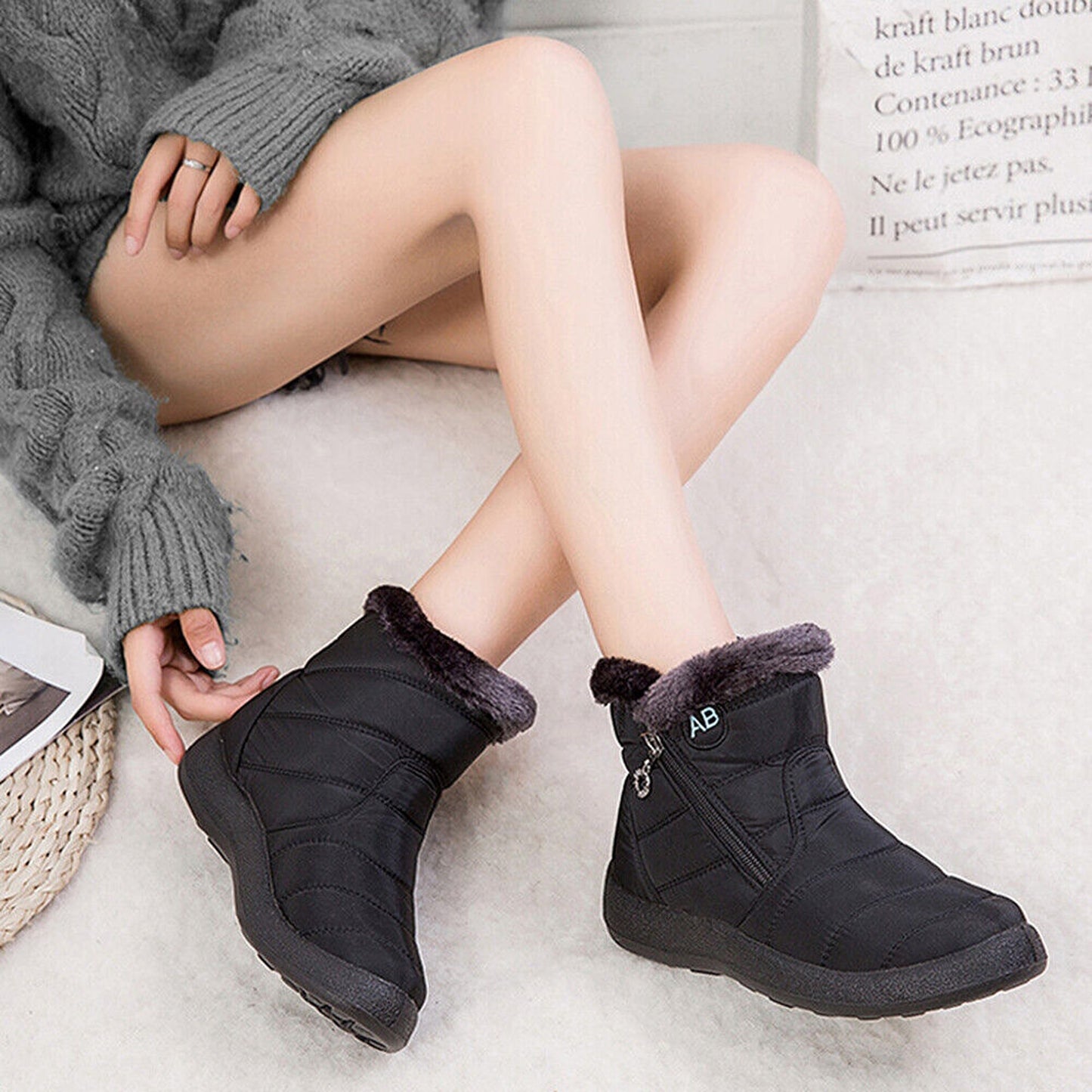Black Women Black Fur Lined Snow Ankle Boots Winter Warm Waterproof Flat Shoes