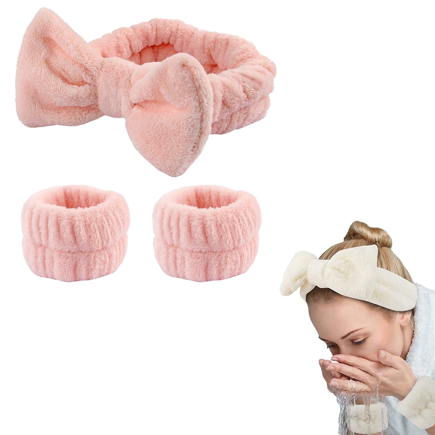 Absorbent Spa Wristbands and Headband Set for Face Washing