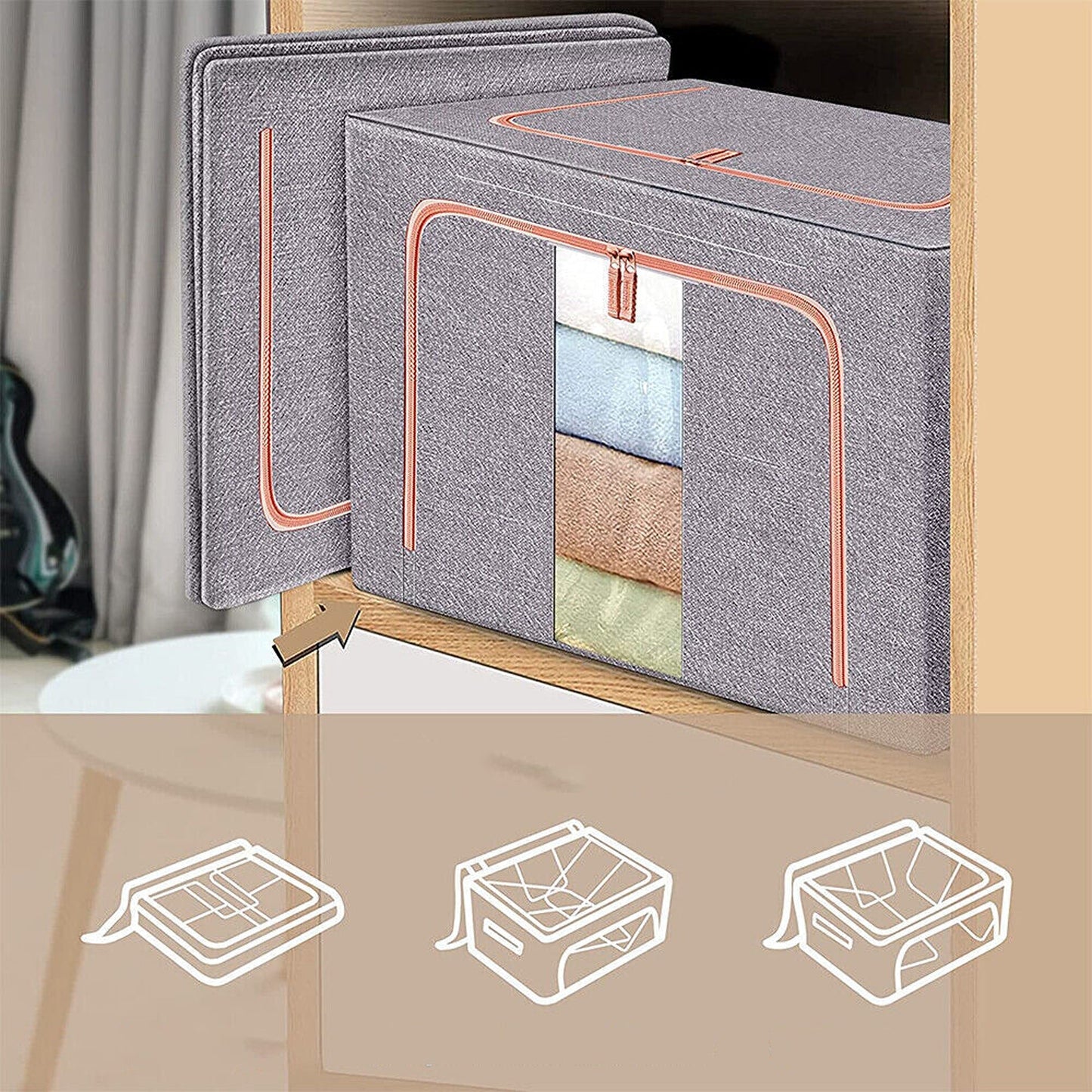 Grey Foldable Storage Box with Crushed Steel Frame Clothes Quilt Toys Organizer