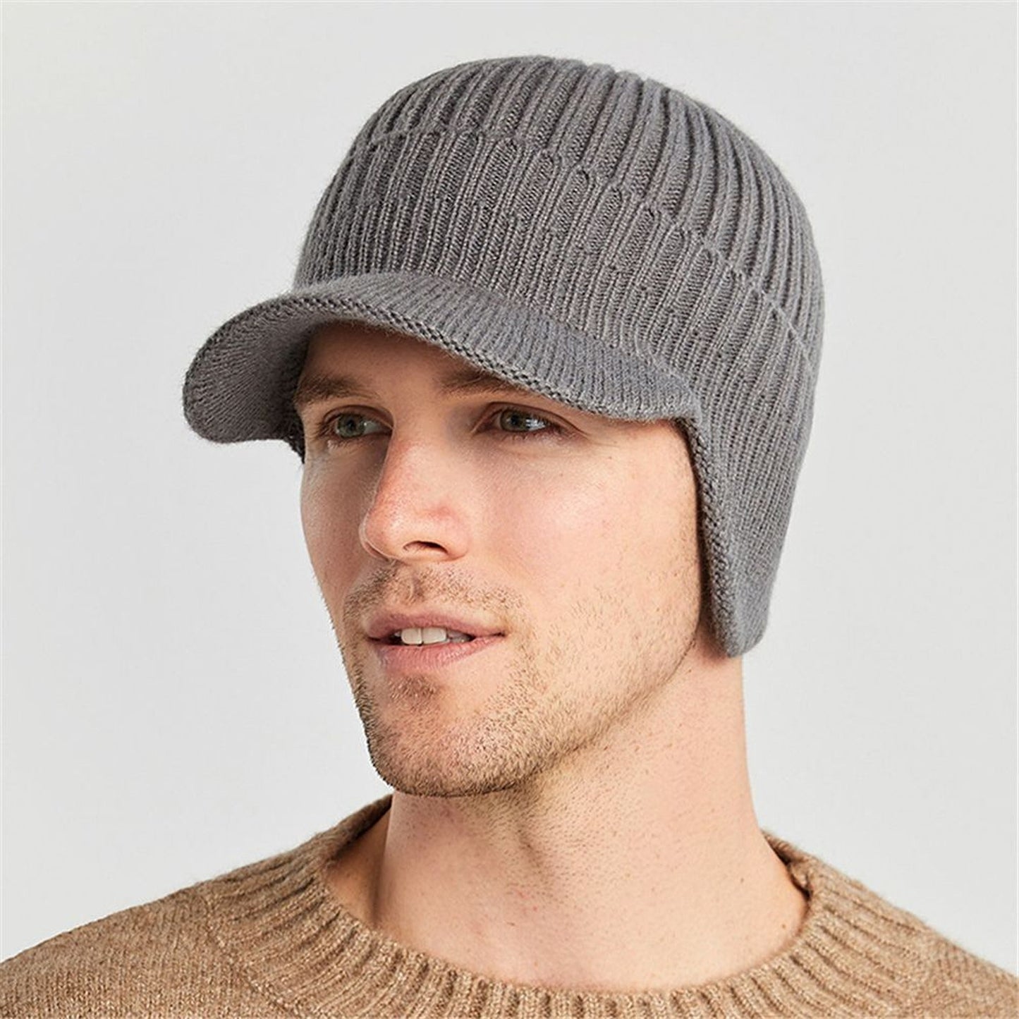 Men Thick Wool Warm Beanie with Brim for Winter Cycling