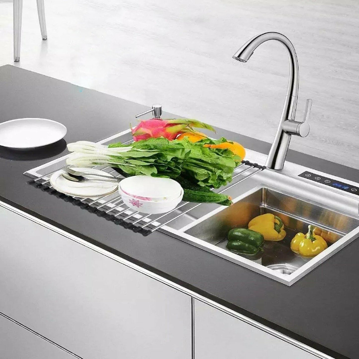 Over Sink Dish Drainer Stainless Steel Kitchen Rack Roll Up Drying