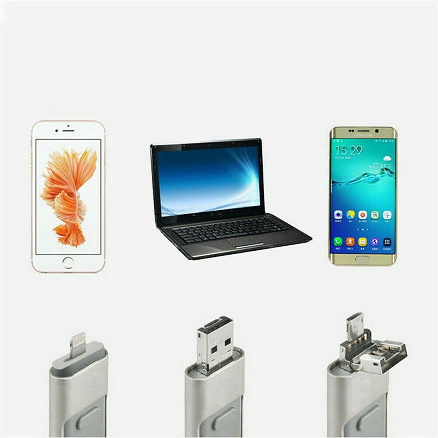 Silver 3 in 1 Flash Drive USB Memory Stick for IOS Android iPhone