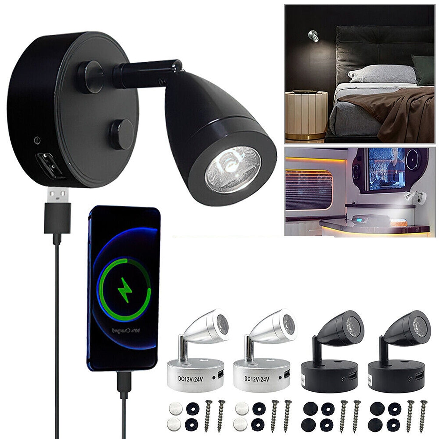 2pcs 12V LED Interior Spot Reading Lights for Camper Van Caravan and Boat