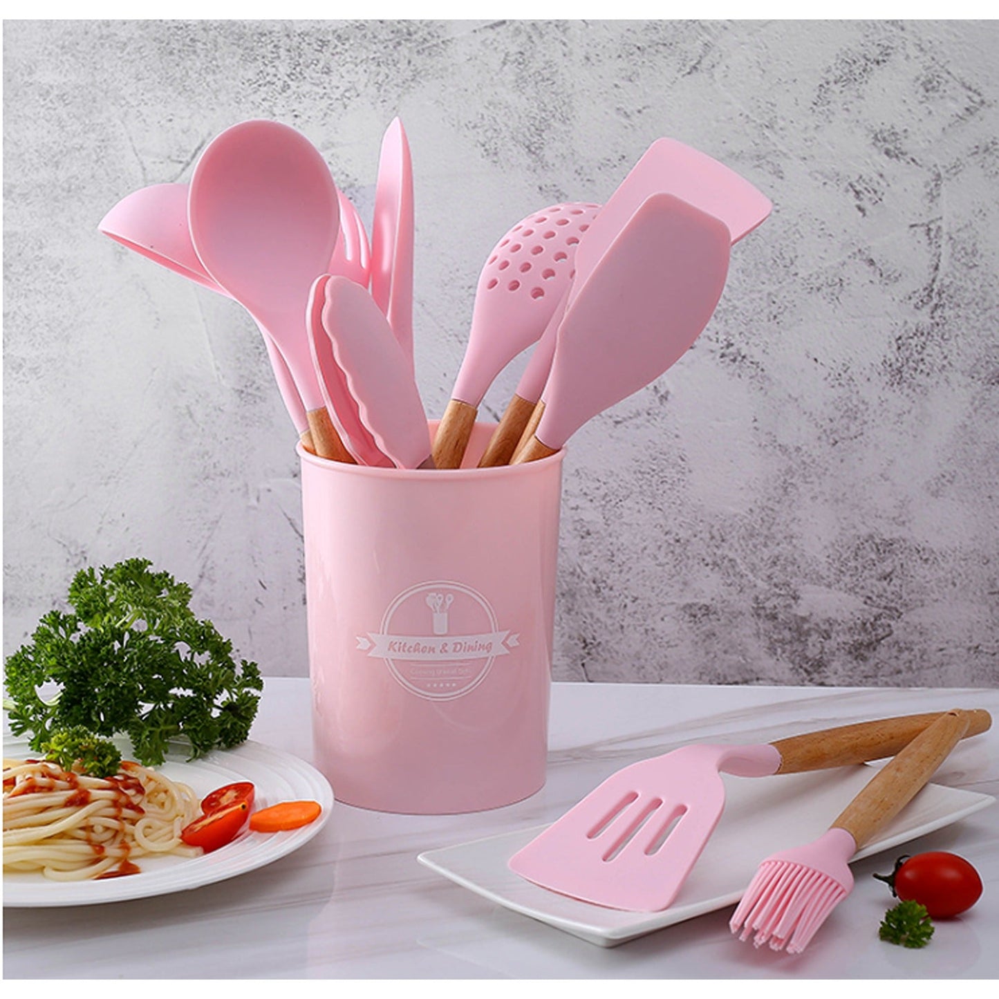 Silicone Cooking Utensils Set with Wooden Handles - 12pcs