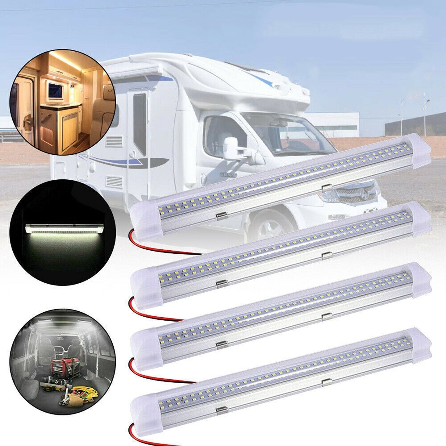 4pcs 12V LED Interior Light Bar Strip with Switch for Car Van and Bus