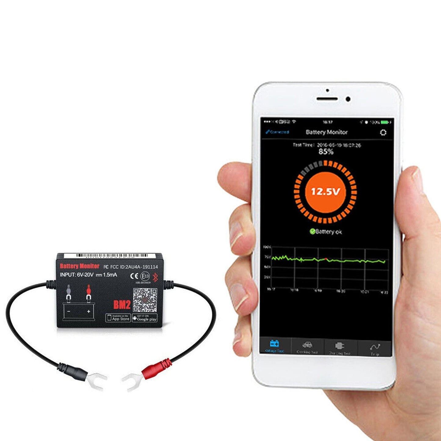 Bluetooth Vehicle Battery Monitor with Alarm Suitable for Cars and RVs 12V
