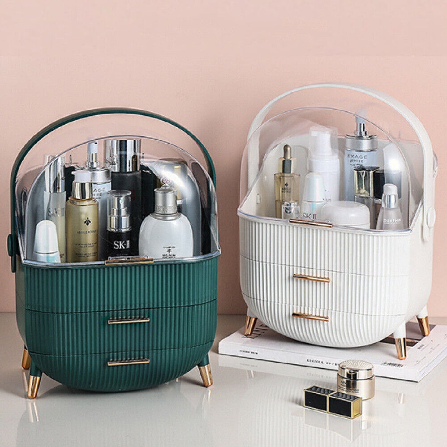 Portable Makeup Organizer Case with Cosmetic Storage and Jewelry Drawers
