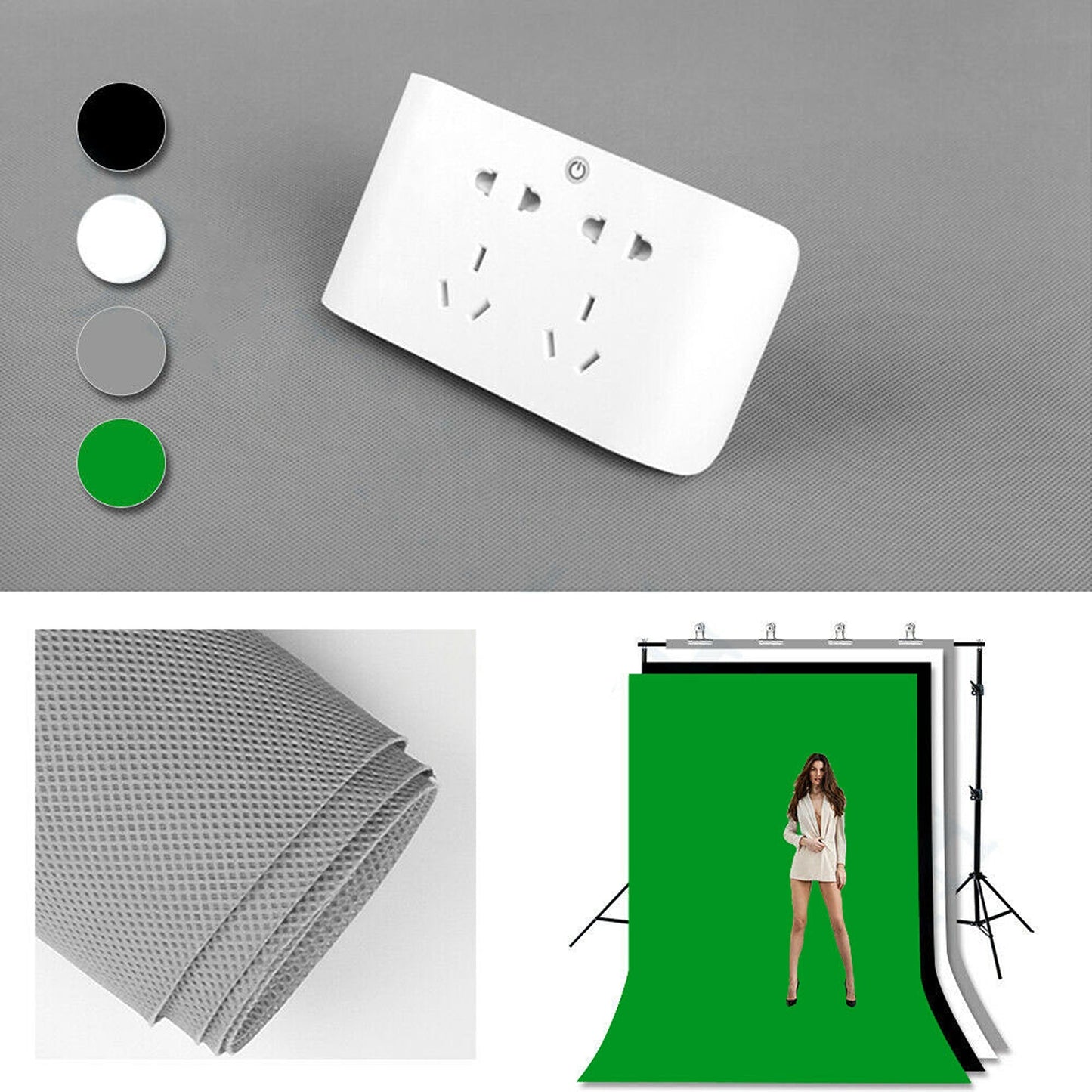 Studio Support Kit with Grey Green White and Black Photo Backdrops