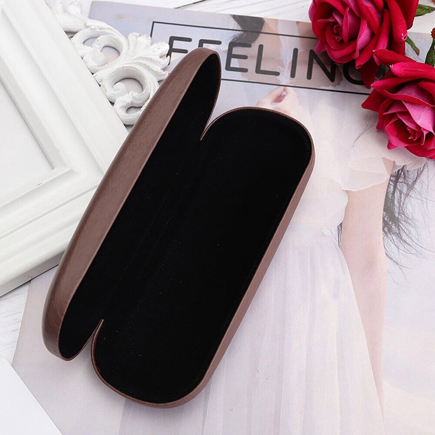 Eyeglass Case in Wood Grain with Hard Metal Structure PU Leather