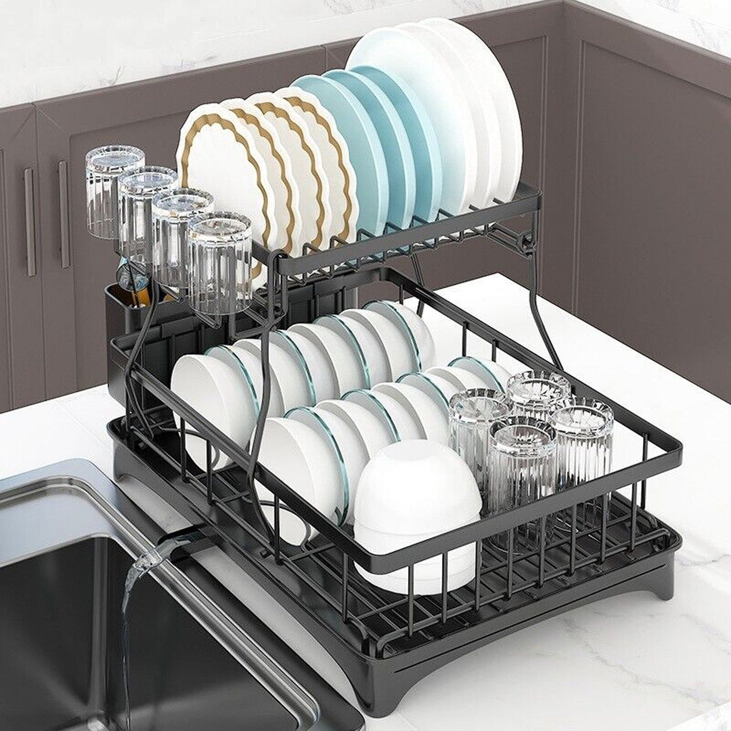 Over Sink Dish Drainer with Cup Holder Two-Tier Kitchen Rack