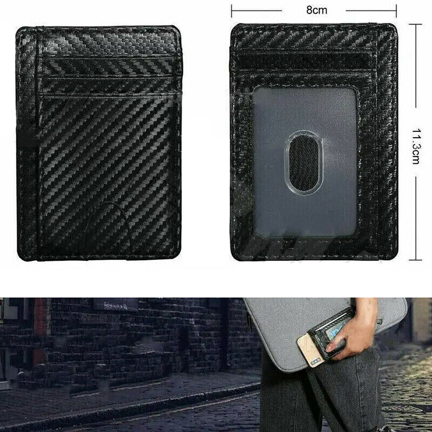 Slim RFID Blocking Carbon Fiber Wallet Minimalist Card Holder Leather Case