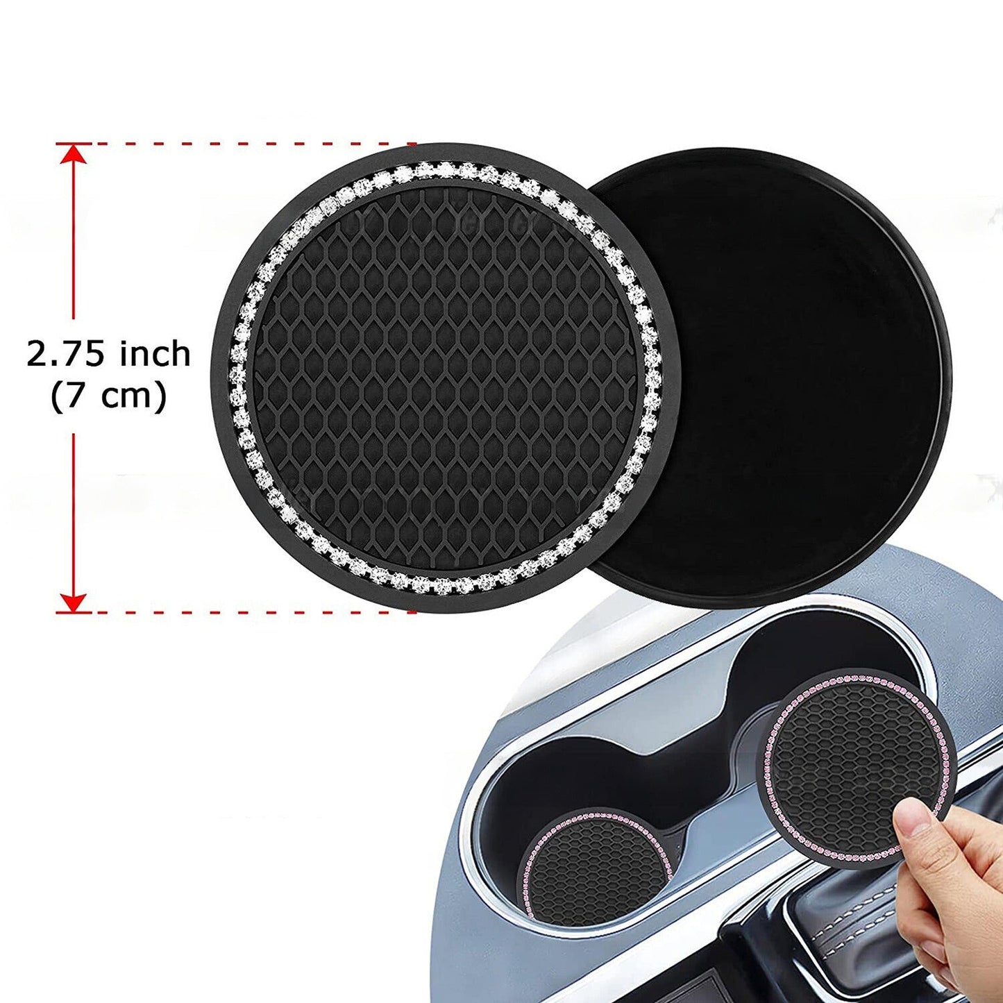2pcs Anti-Slip Black Car Coasters Bling Cup Holder Inserts