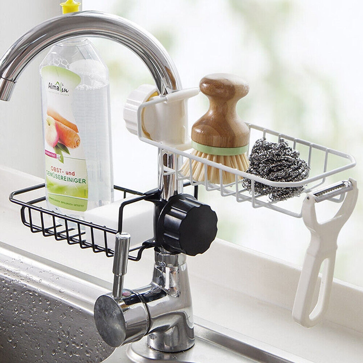 Sponge Holder for Kitchen Sink Faucet Shelf with Cloth Rack Organizer