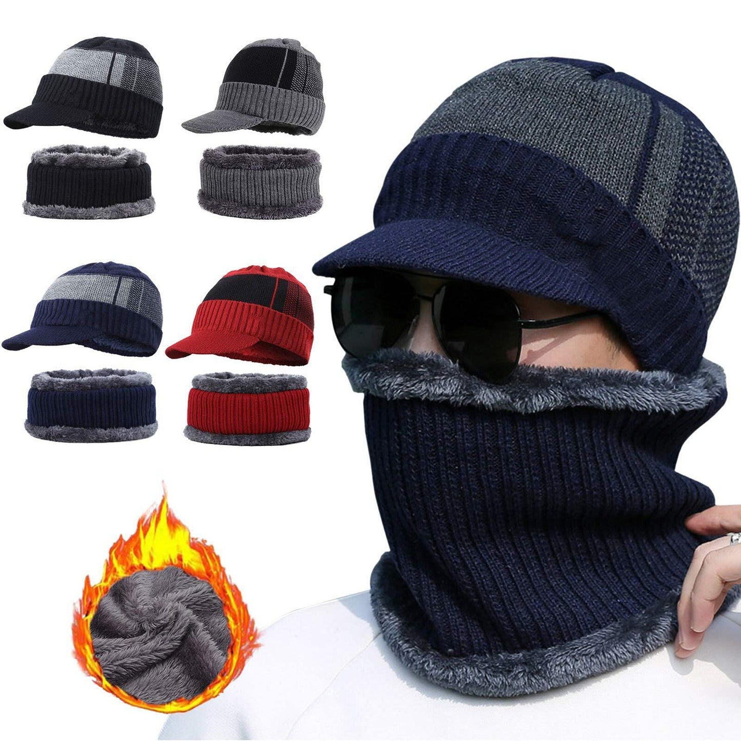 Men Fleece Lined Winter Beanie and Scarf Set Fashion Warm Ski Cap