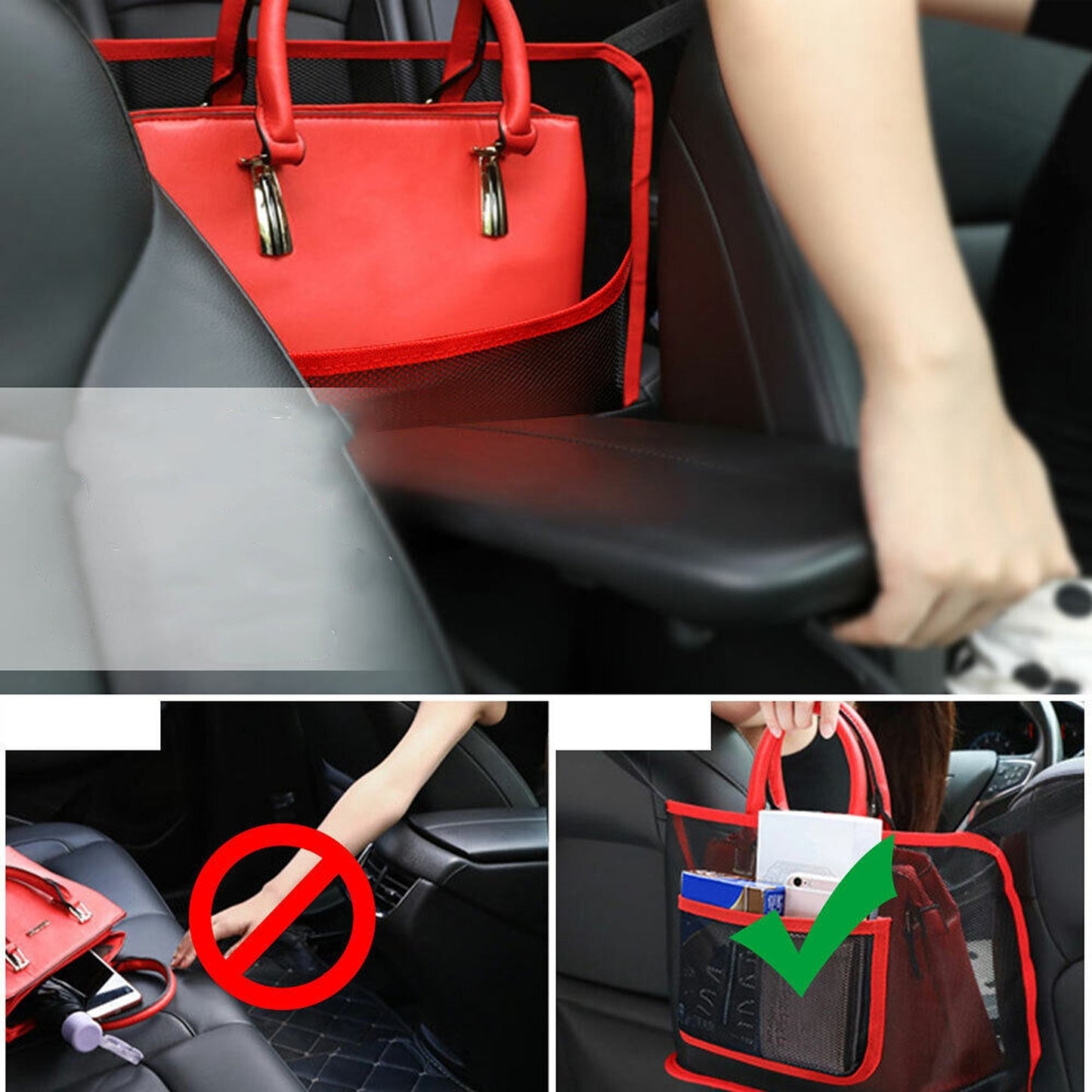 Advanced Car Storage Net for Handbags and Purses Between Seats