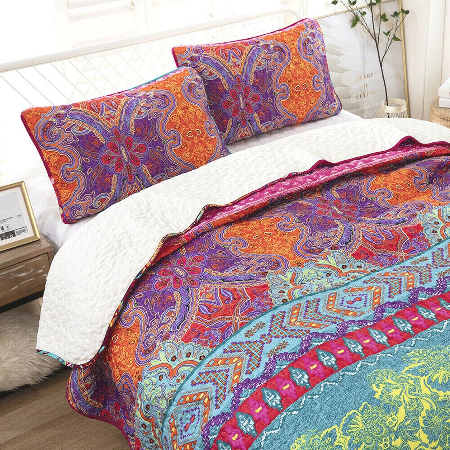 Bohemian Style Quilted Bedspread Queen King Size Coverlet Comforter Bedding