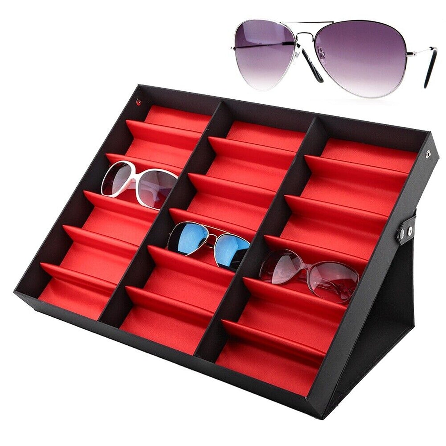 Eyewear Retail Display Case with 18 Grids and Cover Sunglasses Storage Box