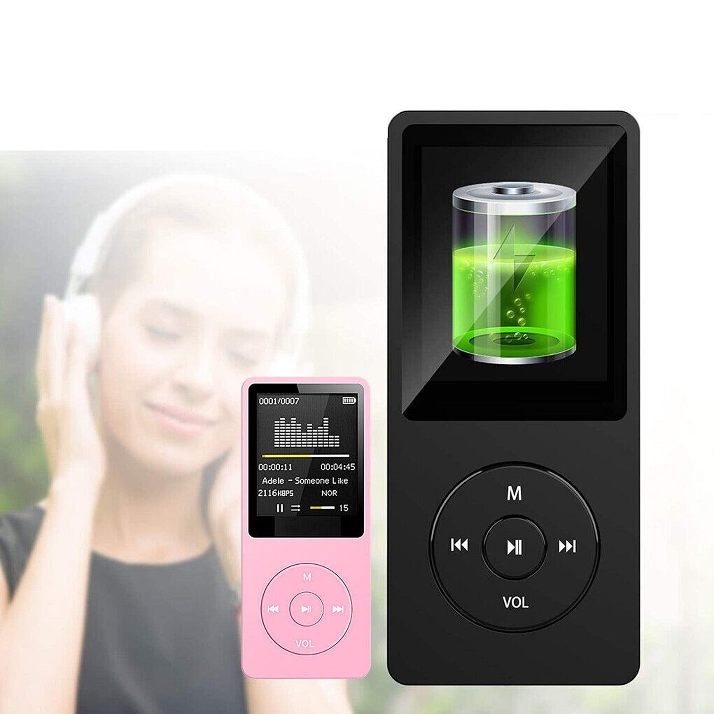 Portable MP3 Music Player with Rechargeable Battery and Audio Adapter