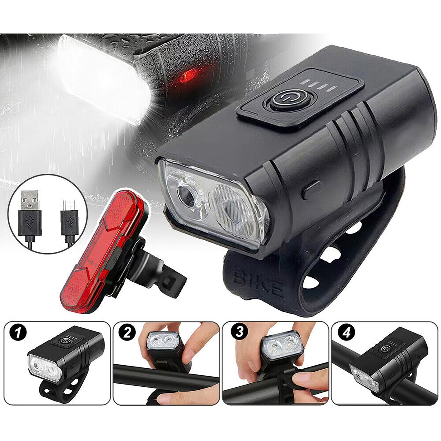 Rechargeable LED Bicycle Light Set T6 Front and Rear Headlight Tail Light