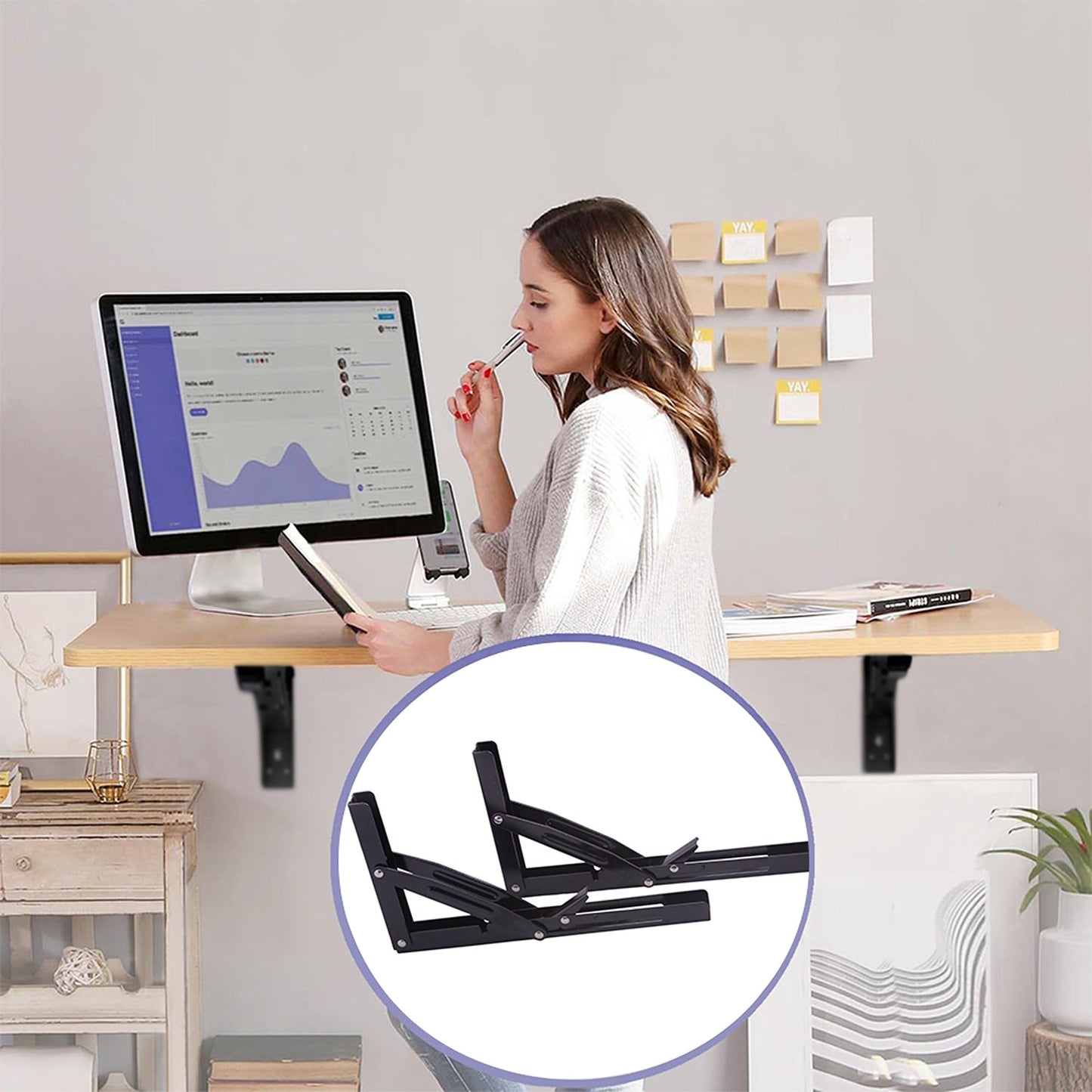 2pcs Black Steel Folding Table Bracket for Wall-Mounted Shelves