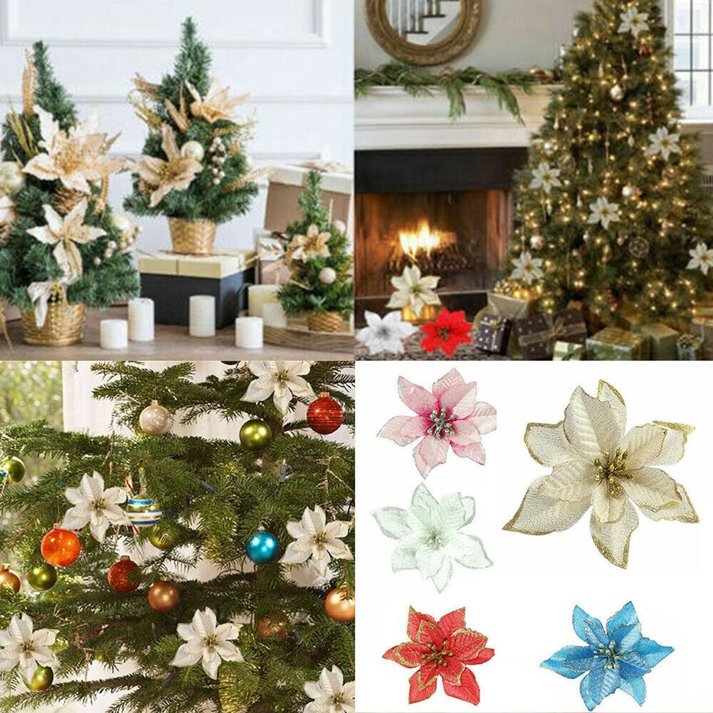 White Glitter Poinsettia Christmas Tree and Wreath Decorations