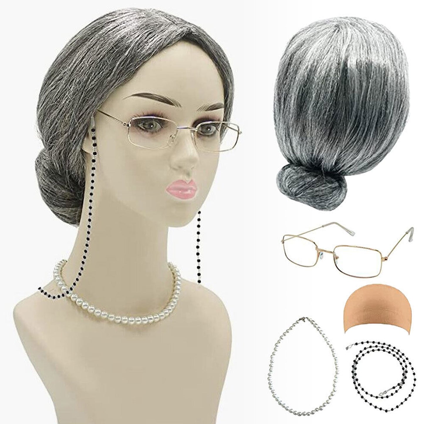 4pcs Granny Costume Set with Wig for School 100 Days Celebration
