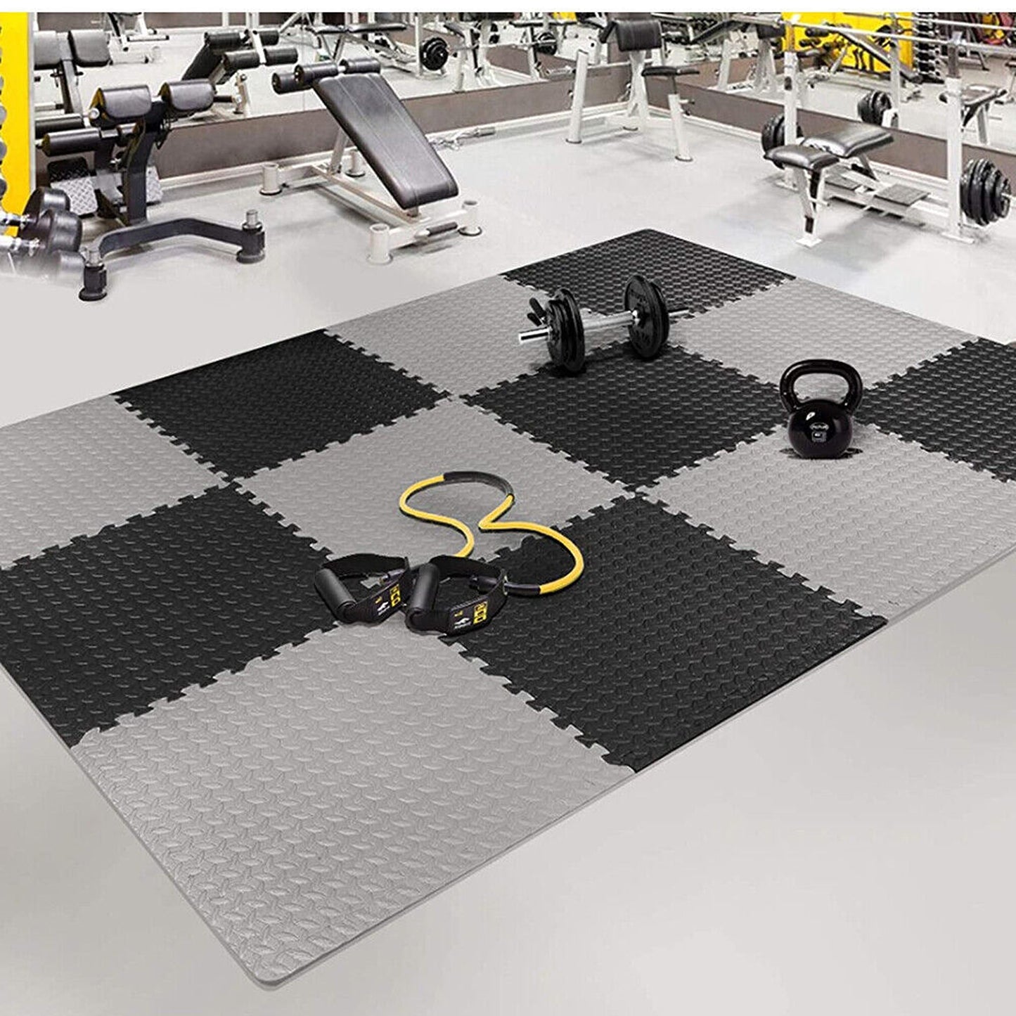 4pcs Heavy Duty Gym Flooring EVA Foam Mat Interlocking Tiles in Black and Grey