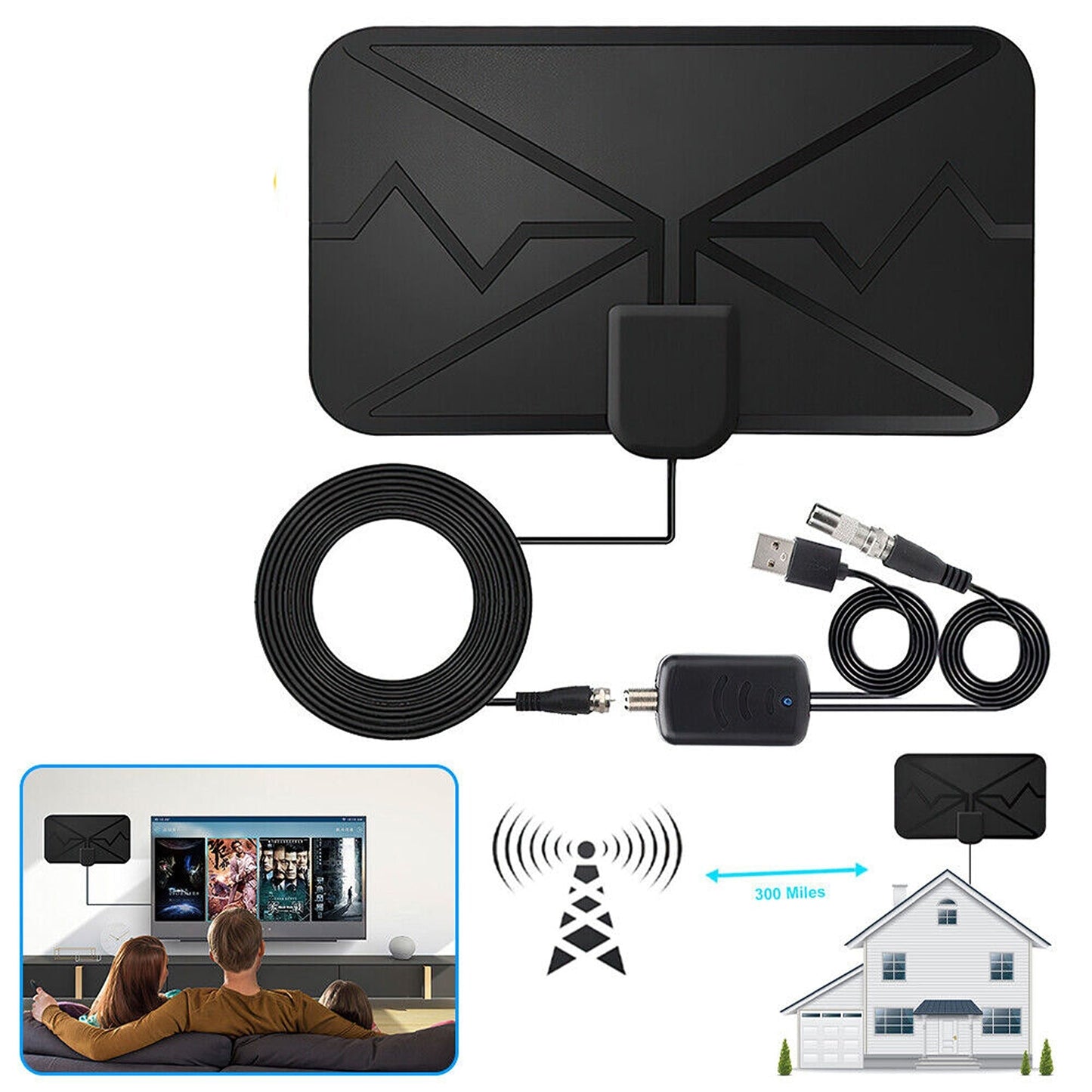 HDTV Indoor Outdoor Digital TV Antenna with 300 Miles Range Signal Booster