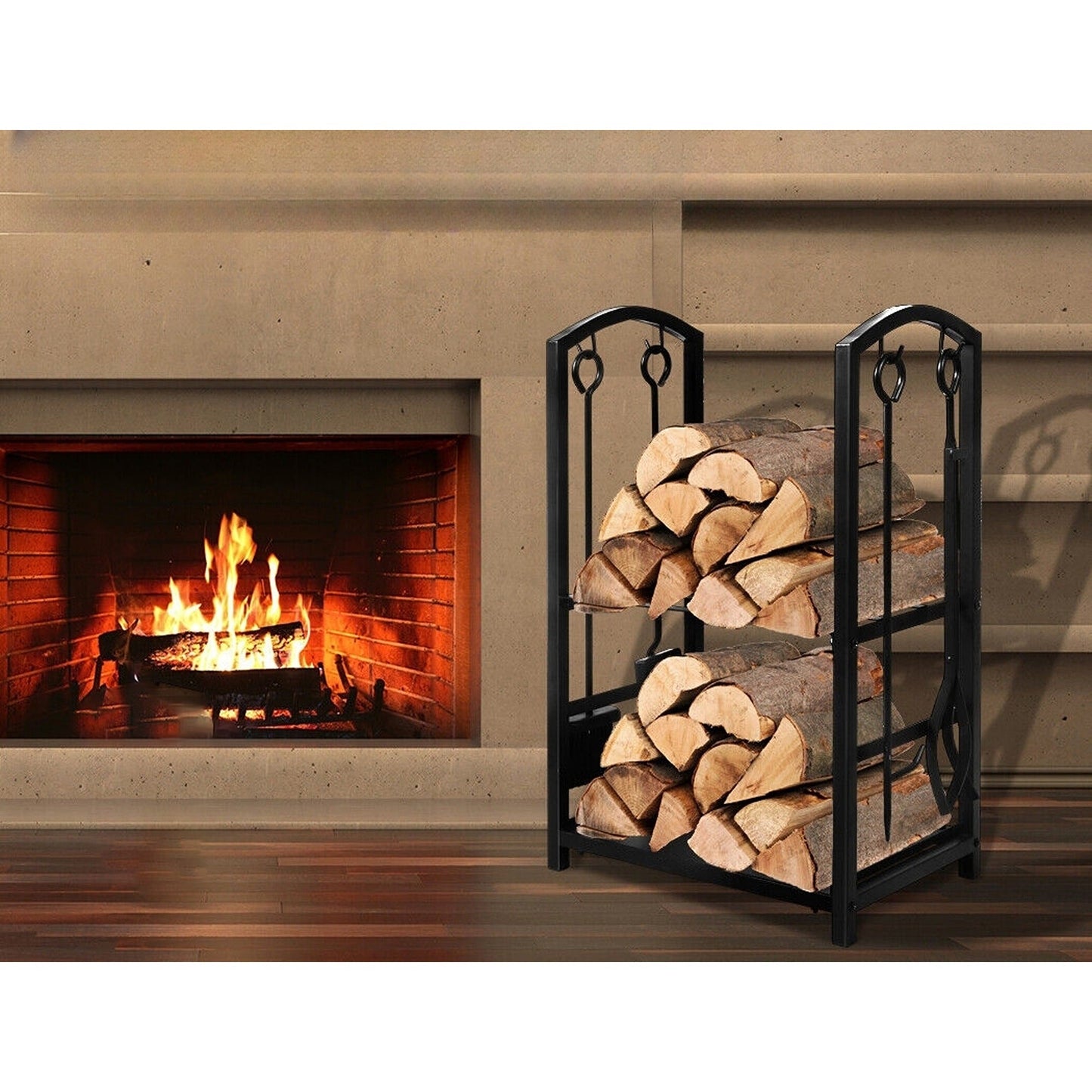 Large Steel Firewood Rack with Fireplace Tool Holder
