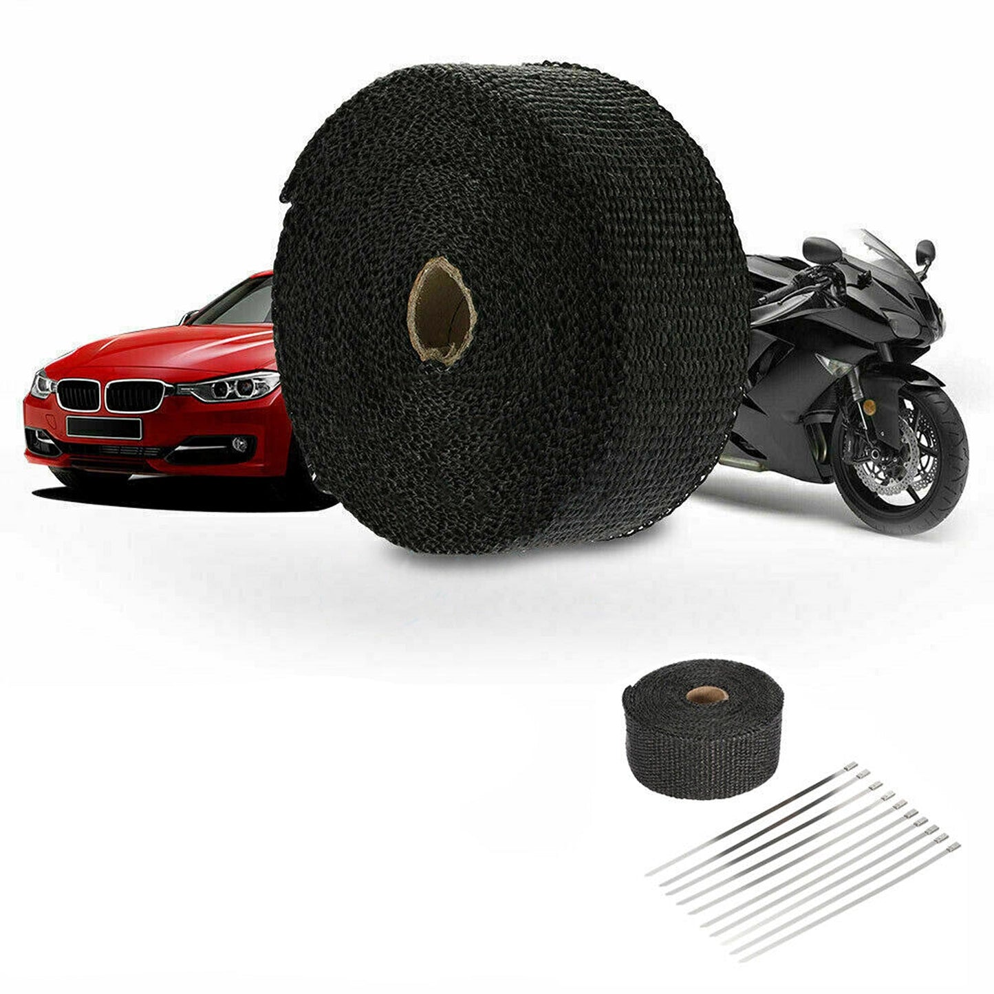 2000F Heat Resistant Black Exhaust Wrap with 10 Stainless Steel Ties