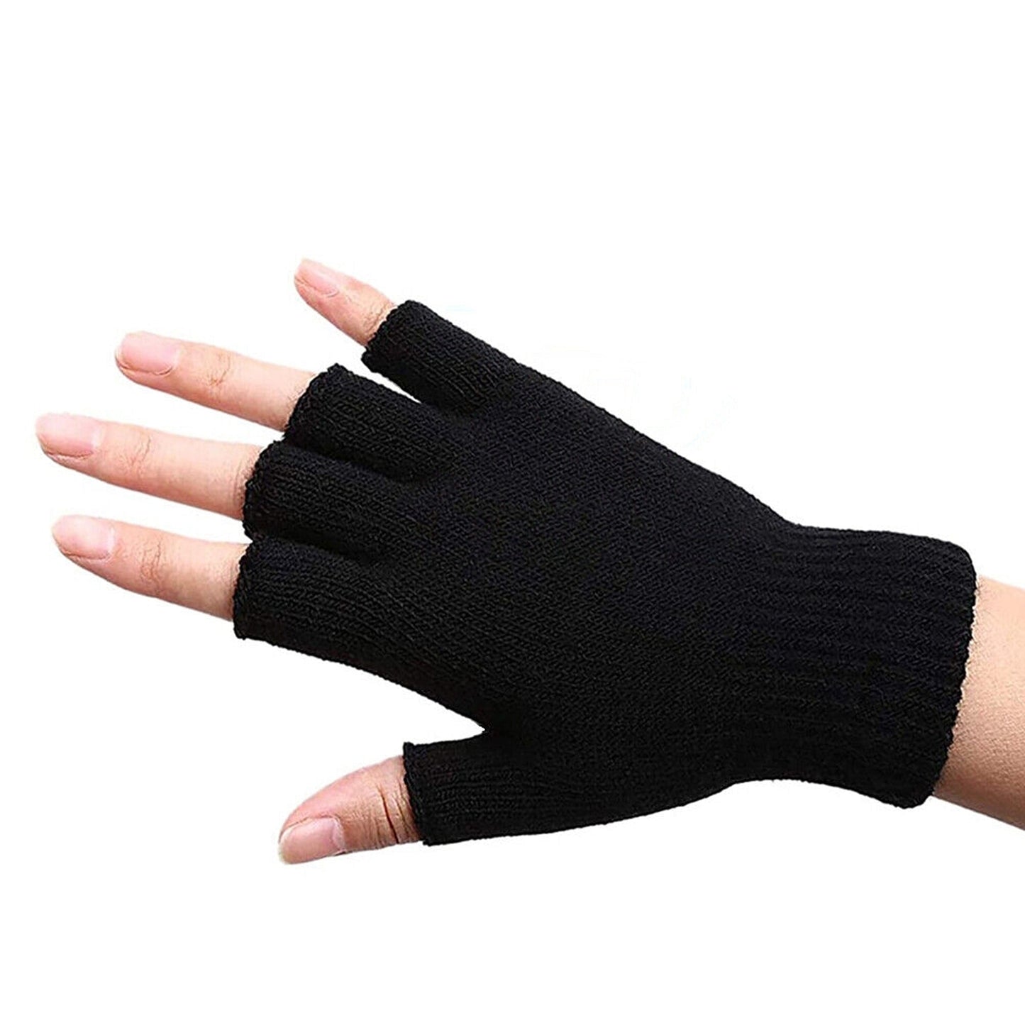 2 Pair Black Soft Knitted Winter Fingerless Gloves Unisex Open Finger
