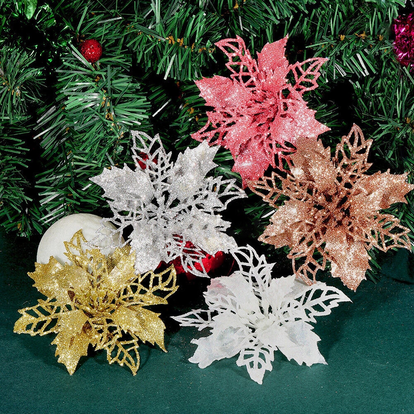 10pcs Christmas Poinsettia Glitter Flower Decorations Xmas Tree Hanging
