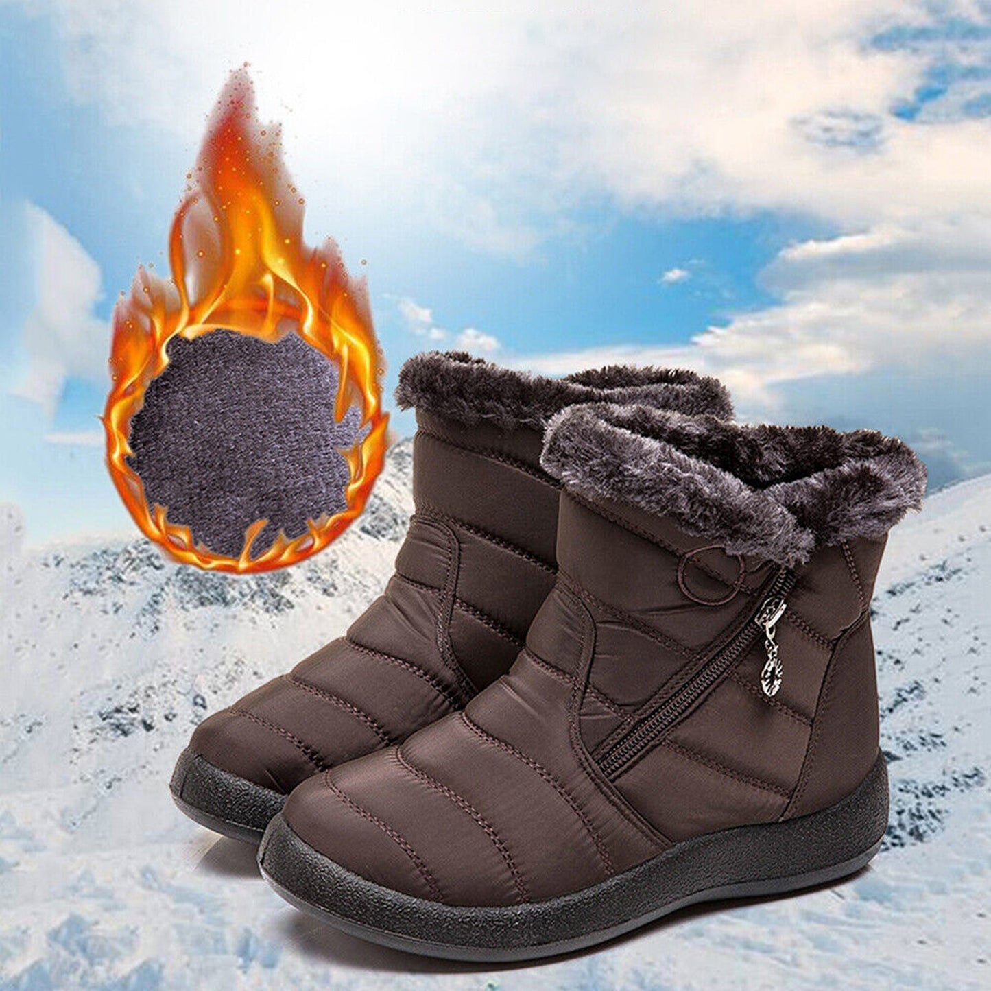Brown Women Brown Fur Lined Snow Ankle Boots Winter Warm Waterproof Flat Shoes