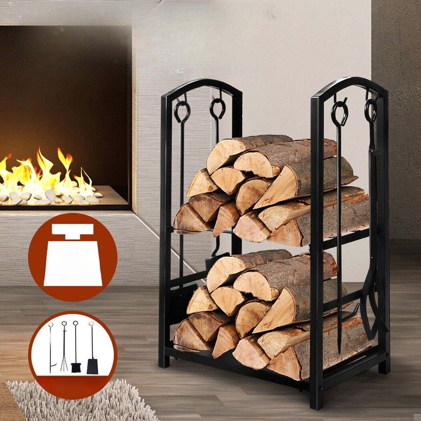 Large Steel Firewood Rack with Fireplace Tool Holder