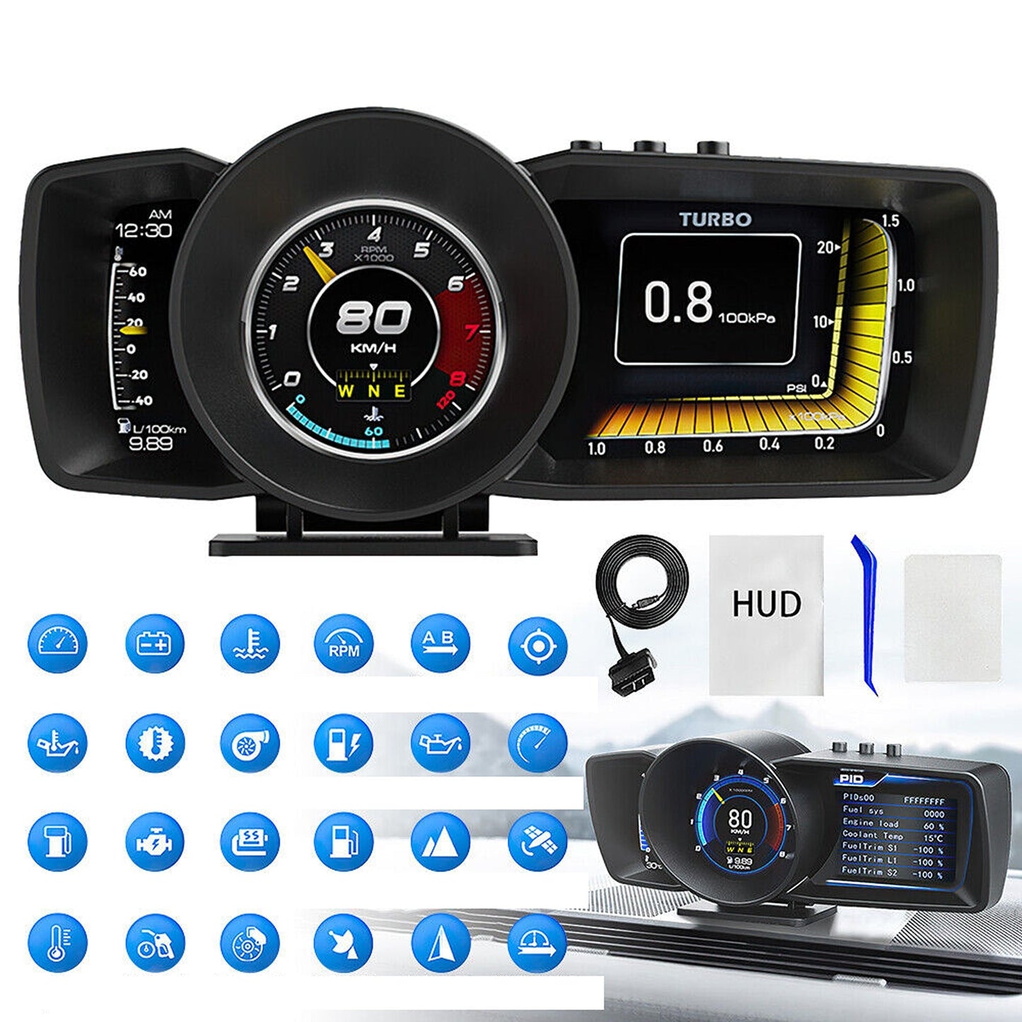 Smart OBD2 and GPS Car Gauge Digital HUD Display with Speedometer and Turbo