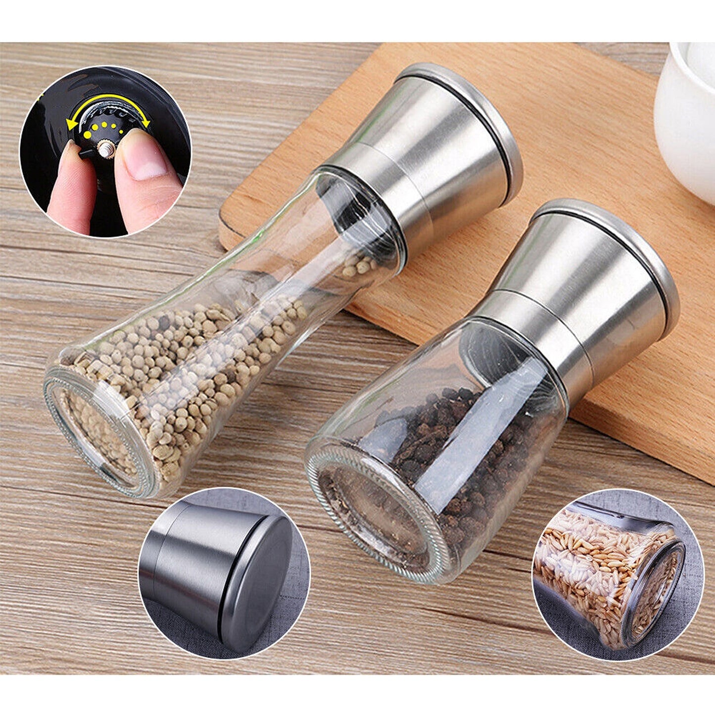 2pcs Adjustable Salt and Pepper Grinder Set Stainless Steel Glass Mill
