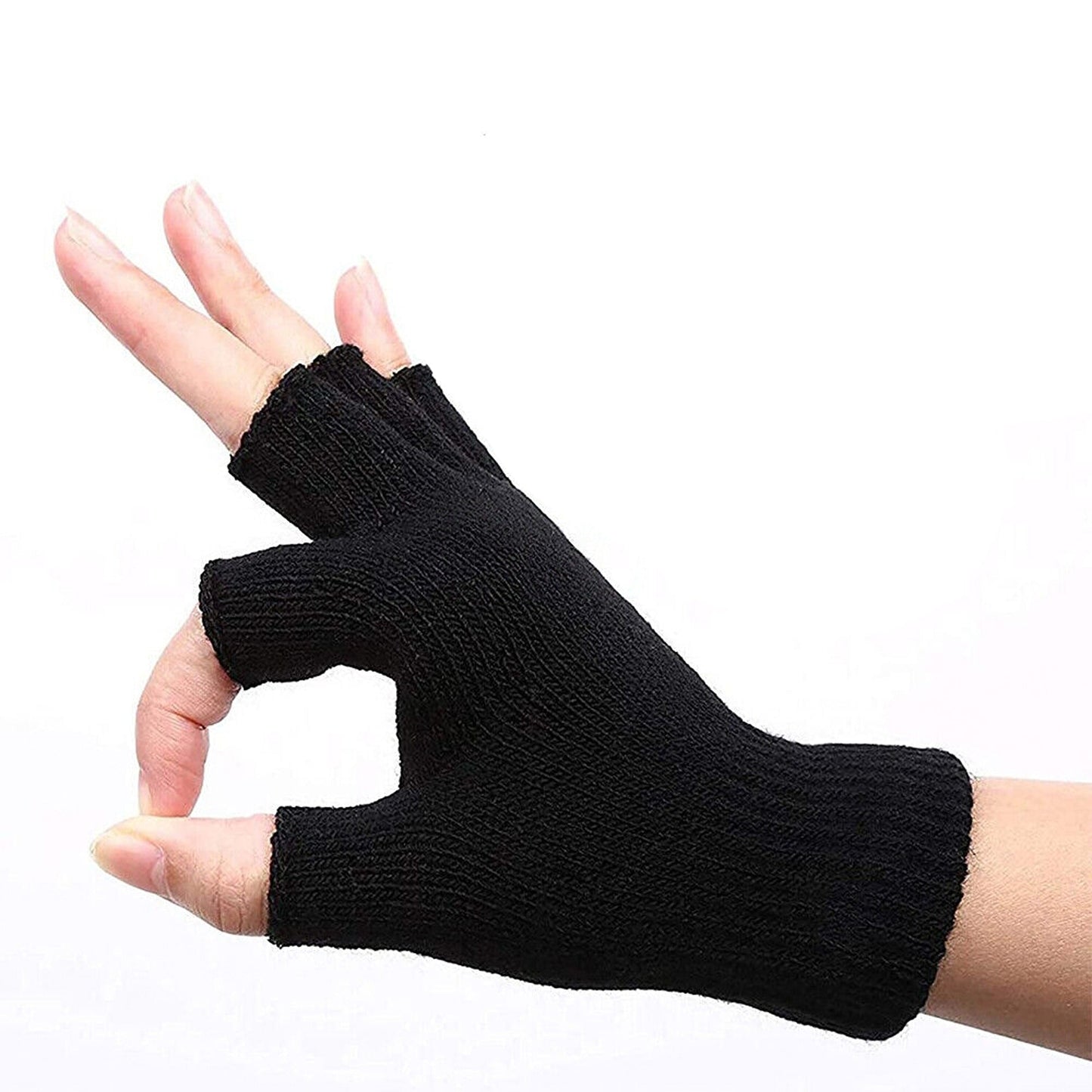 2 Pair Black Soft Knitted Winter Fingerless Gloves Unisex Open Finger