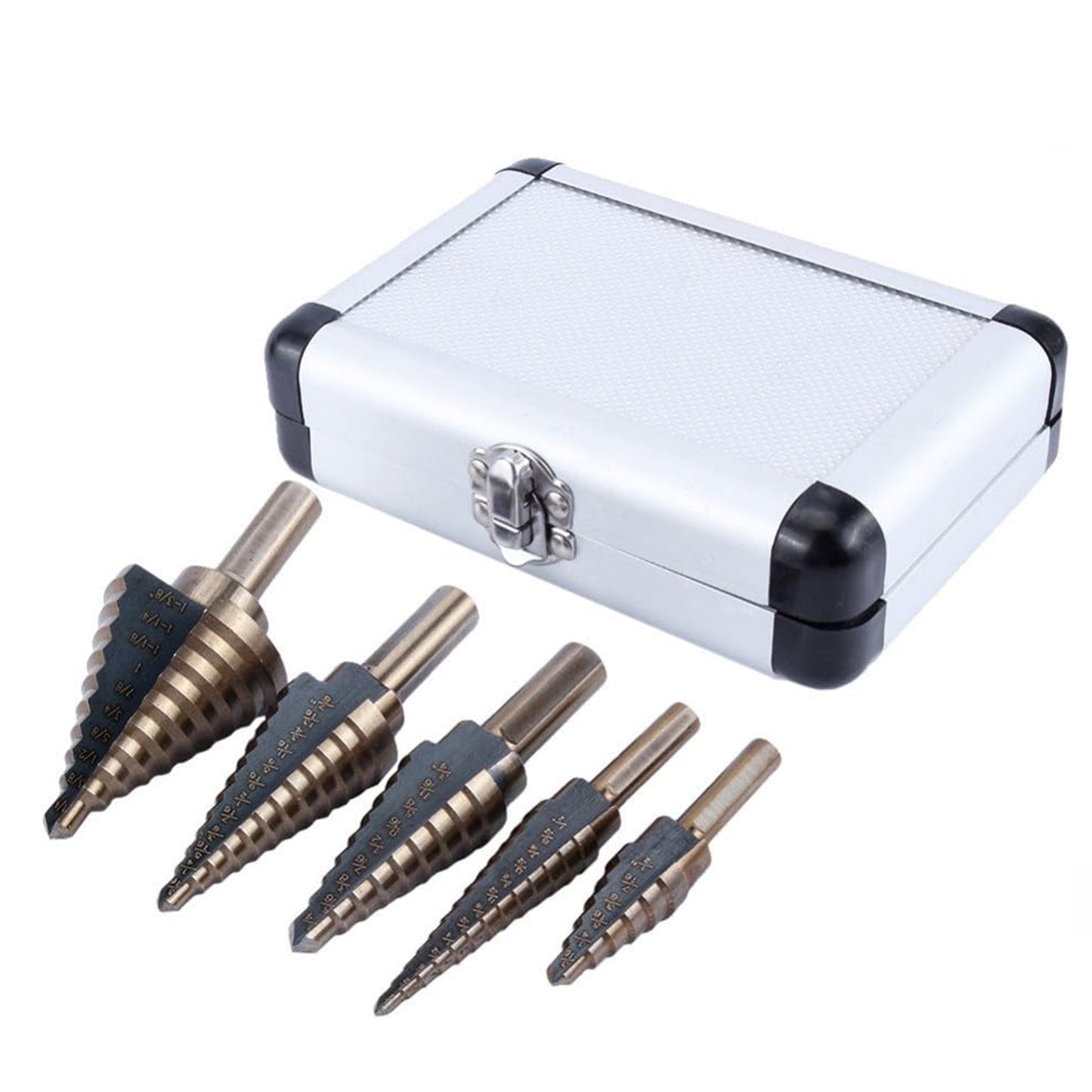 5pcs HSS Step Drill Bit Set Titanium Steel Cone Hole Cutter with Aluminum Case