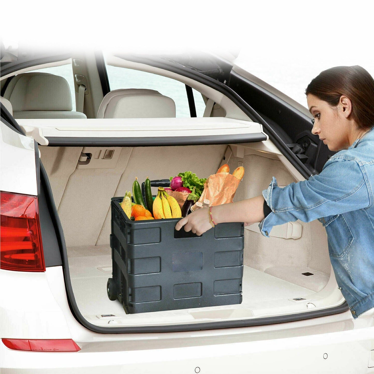 Portable Folding Shopping Basket with Wheels Foldable Grocery Cart Trolley Crate